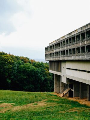Unfinished concrete building n hilly lush terrain